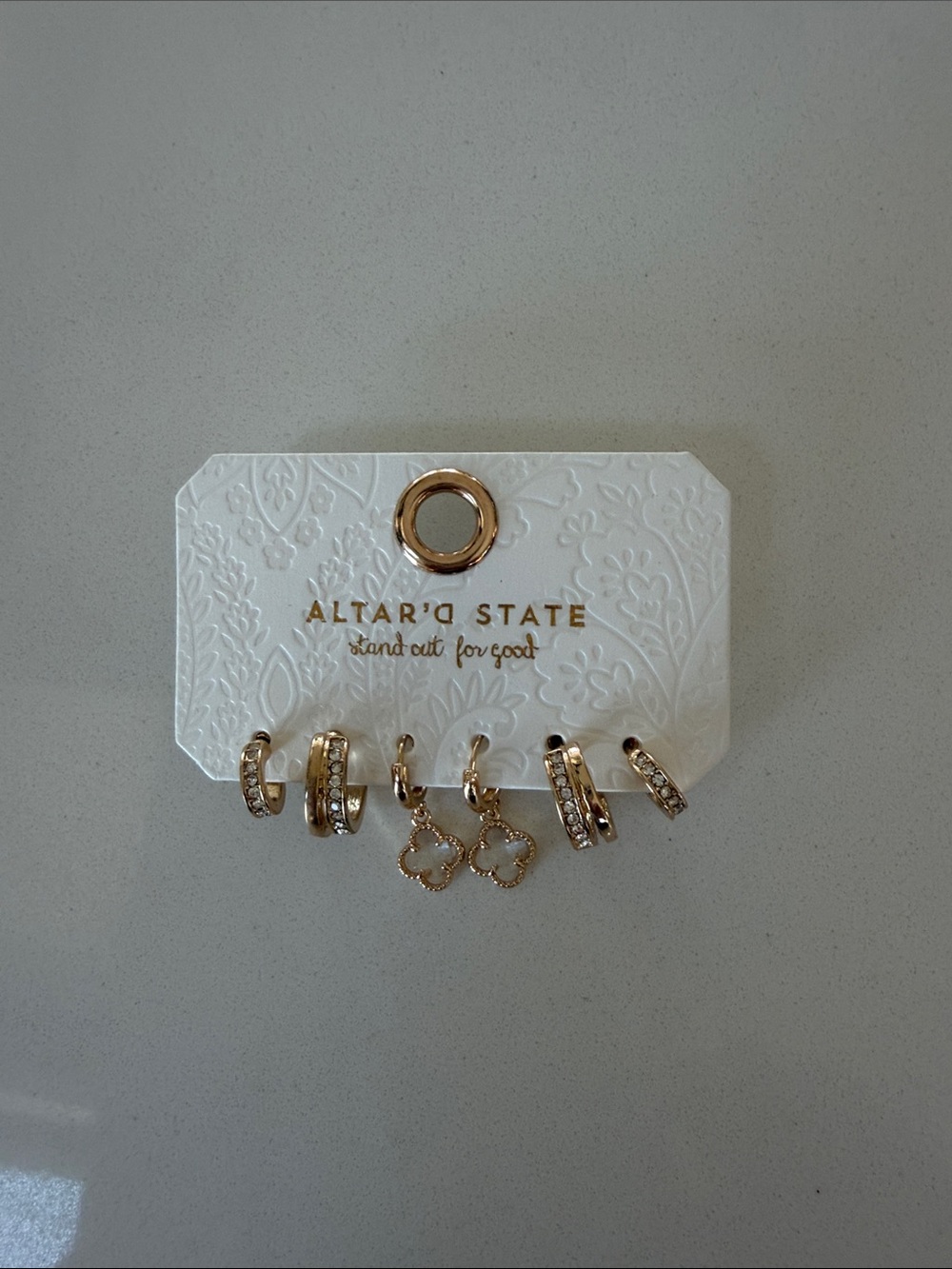 Altar'd State Gold Crystal Hoop and Clover Drop Earring Set